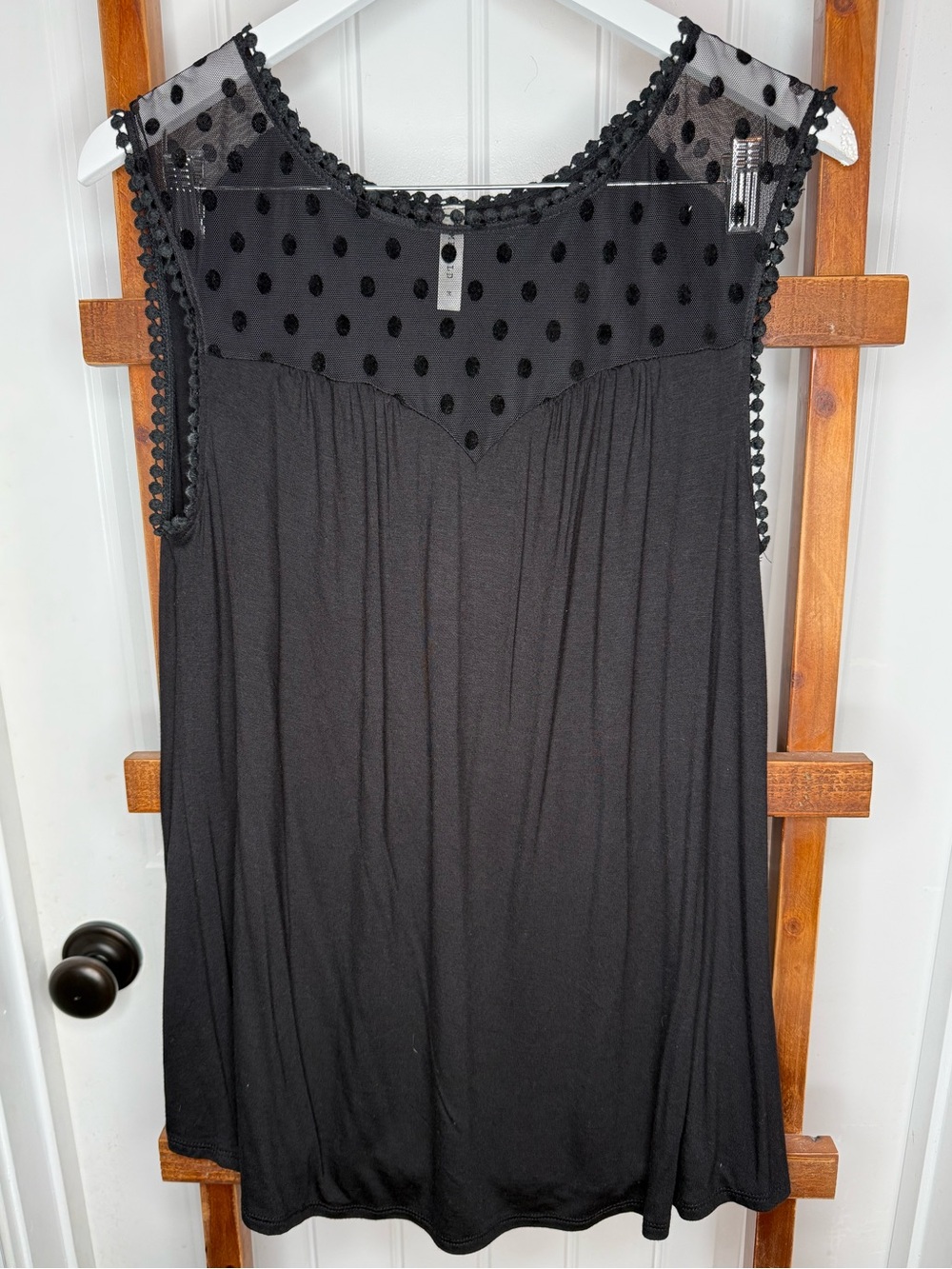 Emerald Black Swiss Dot Mesh Sleeveless Tunic Top – Size Medium